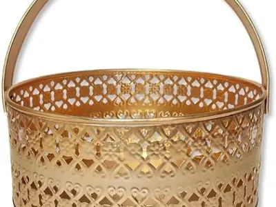 URBANLOOP DECOR Flower Basket Round for Pooja and Worship, Multipurpose Metal Basket For Gift Hamper, Pooja Temple Storage With Sturdy Handle, Decorative Flower Organizer & Versati