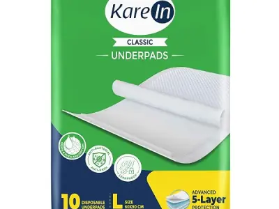 KareIn Classic Underpads For Adults, Large 60 x 90 cm, 10 Unit, Highly Absorbent, Anti-Bacterial, Rash Protection, Leak Proof, Protects Surfaces from Incontinence, Odor Control, Su