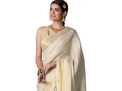 DhevStylish Women's Kerala Kasavu Golden Tissue Plain South Indian Saree with Running Blouse |