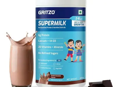 Gritzo SuperMilk Growth (2-6y Kids), Double Chocolate, 400g | 6g Protein with 20 Vitamins & Minerals | Zero Refined Sugar