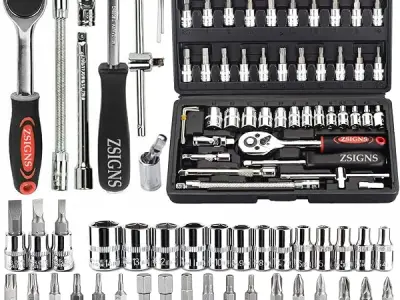 ZSIGNS 46Pcs 1/4 Inch Drive Box End Socket Set,Metric Ratchet Wrench Set With 4-14Mm Cr-V Sockets,S2 Bits,Extension Bars,Mechanic Tool Kits For Household Auto Repair (Black), Chrom