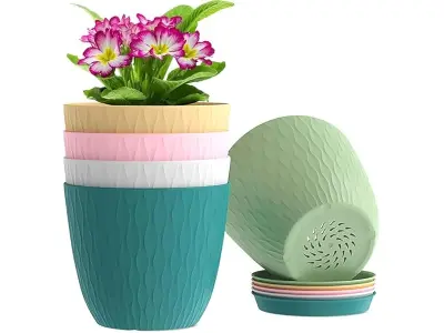 StyleX Store Plastic Round Flower Pots With Drainage Hole Saucers | Durable Outdoor Indoor Wave