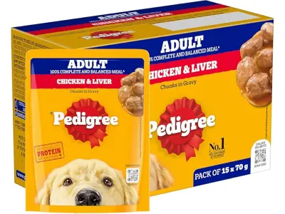 Pedigree Adult Wet Dog Food, Chicken & Liver Chunks in Gravy, 70 g (Pack of 15), Complete & Bal
