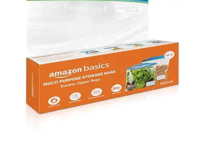 Amazon Basics - Multipurpose Zip Lock Storage Bags | 45 Bags | Medium | 26 x 28 cm | Reusable and Reclosable with Double Zipper | Material Plastic | Leak- Proof | Food Grade | Micr