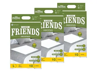 Friends Classic Large Disposable Underpads for Adults (60x90 cm) | 30 Count | Highly Absorbent | Unisex | Rash Protection | Converts Liquids to Gel | Cottony Soft | Anti-Bacterial