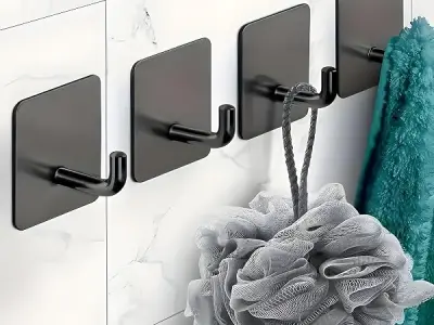 JIALTO 4 PCS Self Adhesive Stainless Steel Wall Hooks – Heavy Duty Waterproof No Drill Wall Hanger for Bathroom, Kitchen & Towel – Strong Coat Hook, J Hook Black (Holds Up to 5 KG)