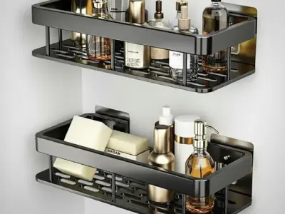 Hasselt 2-Pack Aluminium Self Adhesive Bathroom Shelf Organizer – Wall Mounted, Organiser Without Drill, Floating Storage Rack Holder Stand for Bathroom, Kitchen Accessories - Larg