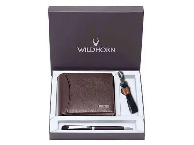 WildHorn Gift Hamper for Men I RFID Protected Leather Wallet, Keychain & Pen Combo Gift Set I Gift for Friend, Boyfriend,Husband,Father, Son etc (Brown M)