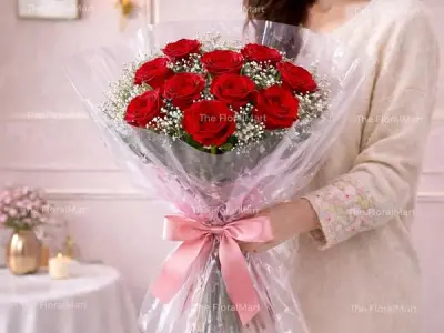 The FloralMart Fresh Flower Bouquet of 08 Real Red Roses in Cellophane Wrapping with Seasonal Fillers, Bunch of 08 (Red Rose Bouquet), Gifts for Valentine's Day, Women's Day, Mothe