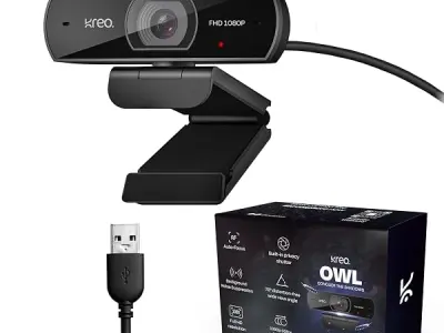 Kreo Owl Full HD 1080P 60 FPS Webcam, Black | Auto-Focus, Built-in Dual Digital Mic, Plug and Play Setup, Built-in Privacy Shutter with 360 Rotation
