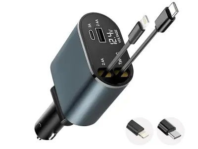 Prolet® 120W 4 in 1 Car Charger with 2 Retractable Cable (Type C & iPhone), 1 USB & 1 Type C Port- Universal Car Charger Compatible with All Android & iPhone Series 18/17/16/15/14/