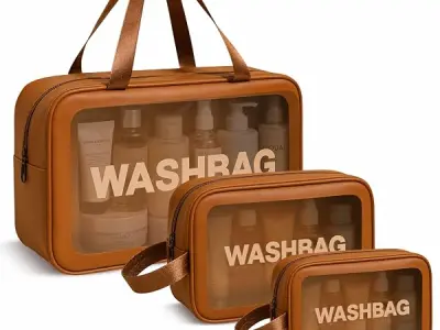 FLYNGO Clear Makeup Pouch Set, Cosmetic Organizer Bag for Women and Girls Travel Waterproof Toiletry Storage Kit (Set of 3 Tan Brown)