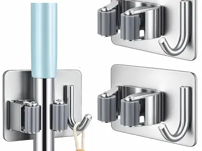 JIALTO Adhesive Mop & Broom Holder Wall Mounted, Steel No Drill Stick Holder for Home, Heavy Duty Wall Organizer, Silver (Pack of 2)