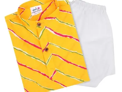 superminis Cotton Boys Sanganeri Lehariya Printed Kurta Set with White Pyjama Elastic Closure