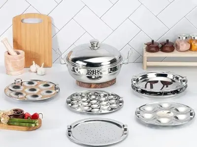 WayMore® Stainless Steel Idli Cooker Multi Kadai Steamer with Induction Bottom All-in-One Big Size 6 Plate, 2 Idli | 1 Mini Idli | 2 Dhokla | 1 Patra | Momo's | 4 in 1 | 28.5 cm Di