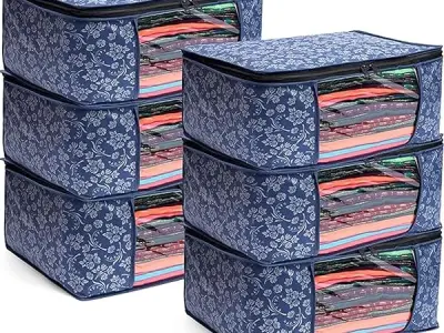 LAXIS® Saree Covers With Zip Non-Woven Printed Saree Cover/Saree Organizer For Wardrobe/Cloth Storage With Transparent Window/Saree Bags Storage/Clothes Organizer (Blue- Pack of 6)
