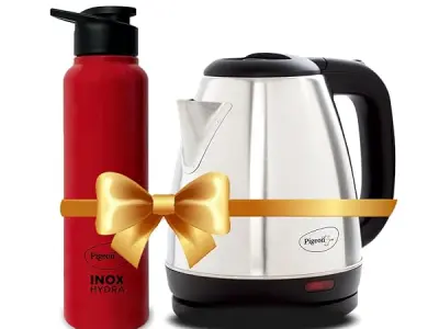 Pigeon 1.5 litre Hot Kettle and Stainless Steel Water Bottle Combo used for boiling Water, Making Tea and Coffee, Instant Noodles, Soup with Auto Shut- off Feature, 1300 W