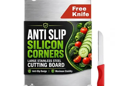 OrganizeMee Stainless Steel Chopping Board Large 36 x 25 cm | Non Slip, Silicone Anti-Skid Corner Protectors, Rust Proof, For Vegetables, Fruits & Meat