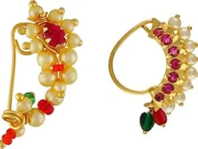 Vail Creations Small Size Traditional Maharashtrian Nose ring without piercing Pearl Gold Plate