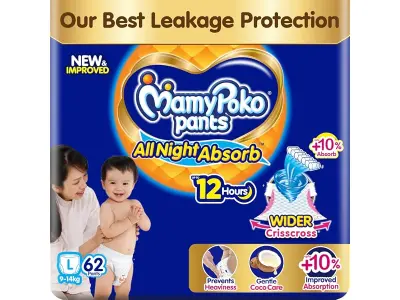 New Mamypoko Pants Premium All Night Absorb| Pant Style Baby Diapers Large Size(L), 62 Count, I
