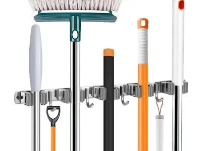 AADIVY Metal Broom Holder & Mop Holder Wall Mount 5 Slot + 4 Hooks | Heavy-Duty Mop Hanger for Wall (Drill & No-Drill) | Non-Slip Jhadu Holder, Broom Organizer for Home & Kitchen