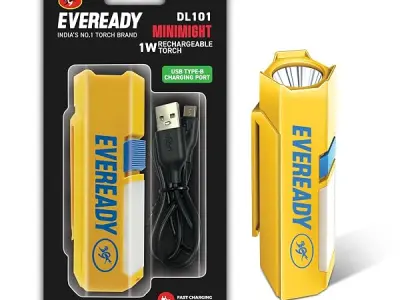 EVEREADY DL 101 Minimight, 1W Rechargeable Emergency Torch + 2W Sidelight | Pocket-Friendly Hexagonal Design, Hands-Free Clip, Type B/Micro USB Charging, Overcharge & Deep Discharg