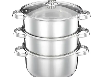 Amazon Brand – Solimo Stainless Steel 3-Tier Steamer with Glass Lid | 24 cm | Induction Bottom | For Modak, Momos & More | Multi-Layer Cooking | Rust-Resistant