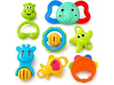 Storio Baby Products Toys 7 Pcs Rattle Set with Teathers for New Born Baby Gifts, Toy for Babie