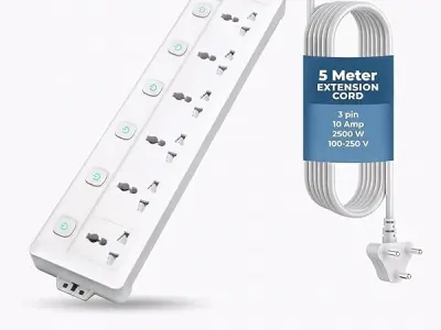 Embox 5 Meter Extension Board with USB| Extension Board with Switches 6 Universal Sockets Spike Guard | LED Indicator 2500W Extension Cord