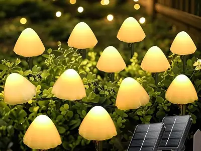 OZS 2-PK 32LED 55FT Mushroom Solar Garden Lights Outdoor, Warm White | 8 Lighting Modes, Waterproof Solar String Lights , Garden Decor for Outside, Pathway Light for Yard Decoratio