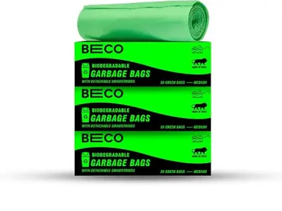 Beco Eco-Friendly Garbage Bags | 90 Pcs | Medium-19 x 21 Inches | 30 Bags x 3 Rolls | Green | Dustbin/Trash Bags with Detachable Drawstrings | For Dry & Wet waste