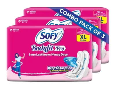 Sofy Bodyfit Pro Sanitary Pads (XL Size - 290 mm) 54 pads - Deep Absorption & fragrance, Centre Thick Fit, Soft on skin with comfy dry top sheet, with disposable wrap, (3 * 18 Pads