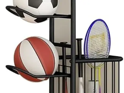 ARHAT ORGANIZERS Sports Equipment Ball Rack & Organiser, 5-Tier Storage with Side Racket Holder | Portable Vertical Stand for Basketball, Football, Volleyball & More | Metal (Black