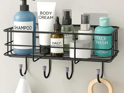 Plantex Bathroom Organiser Without Drill/GI Steel Self Adhesive Bathroom Shelf/Bathroom Stand for Wall/Bathroom Accessories Set Pack of 1 (Black, CED Powder Coated)