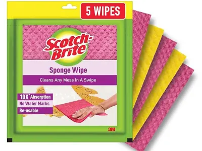 Scotch-Brite Sponge Wipes- Reusable, Kitchen and House Cleaning- Easy to use, Cleans any mess in a swipe, Absorbs water its own 10x weight, Multi- color, Biodegradable (pack of 5)