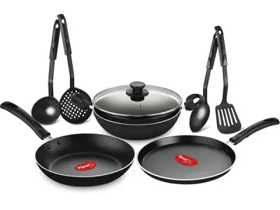 Pigeon Mio Nonstick Aluminum Cookware Gift Set, Includes Flat Tawa, Fry Pan, Kadai with Glass Lid, Kitchen Tool Set, Black, 8 Pieces