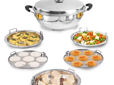 The Indus Valley Stainless Steel Idli Maker/Momo Maker/Multi Kadai/Steamer Set|Large, 5 Plates, 2 Idli|2 Dhokla|1 Steamer|29Cm/11.3 Inch, 4.2Ltr, 2.5Kg|3-Layer Thick Bottom|Inducti
