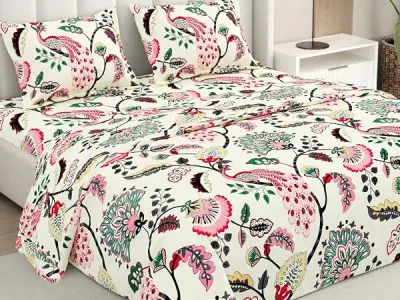 Rivermoor 200 TC Ultrasoft Bedsheet for Double Bed | Queen Size Bed Sheet with 2 Pillow Covers | Cream Floral Print | 88 x 96 Inches | Breathable & Hypoallergenic