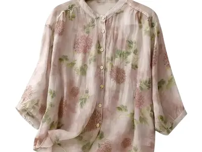 Gufrina Women’s Light Rose Floral Printed Button Down Shirt with Mandarin Collar and Relaxed Fit 3/4 Sleeves