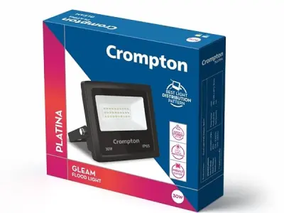 Crompton Aluminium Gleam 30W LED Flood Light | IP65, 6500K, Pack of 1 | Aluminium body for heat dissipation; IP65 waterproof; flexible mounting bracket; wide angle beam; energy sav