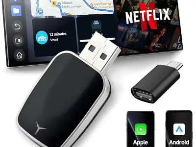 Shrandi 2-in-1 Wireless CarPlay and Android Auto Adapter, Plug and Play Dongle, Fast Auto-Connect, No Delay, for iPhone and Android, USB/USB-C Port, Black (Carplay-2102)