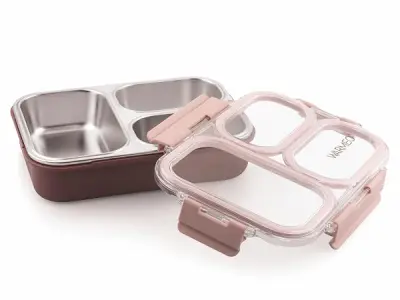 WARMEO BENTO Microwave-Safe Stainless Steel Lunchbox with 3 compartments,bpa Free,Perfect for Office, School, Travelling, 750ml-brown