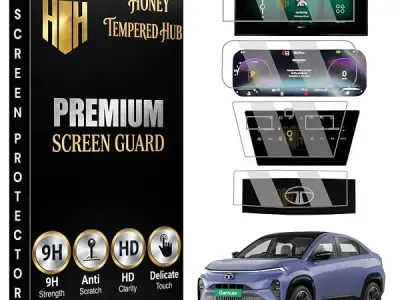 HONEY TEMPERED HUB (4 PACK) Screen Guard For NEW TATA CURVV EV 2024-2026 / 12.3 INCH INFOTAINMENT [SHARP CORNERS] + INSTRUMENT CLUSTER + STEERING + AC PANEL Protector / Curvv.EV Em