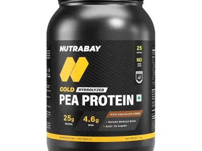 NUTRABAY Gold Hydrolyzed Pea Protein Powder - 1kg, Rich Chocolate Crème | 25g Protein, 4.6g BCAA, 5g Fiber | Complete Amino Profile | Tastiest & Smoothest Vegan, Plant Protein | Mu