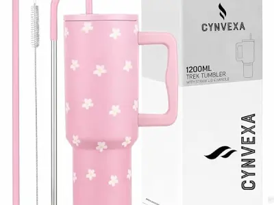 CYNVEXA Tumbler with lid and Straw 1200ML Cup Stainless Steel Vacuum Insulated Tumbler for Water, Iced Tea or Coffee 1.2L Office Gym Travelling (Pink Flower)
