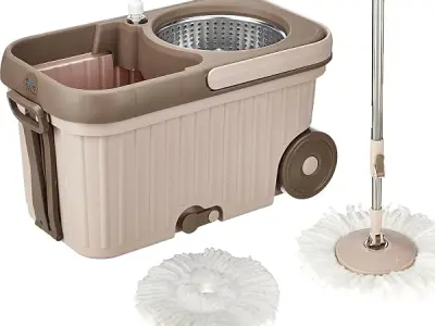 Amazon Brand - Presto! Elite Spin Mop with Steel Wringer and Auto-fold Handle, Chestnut, 2 Refills