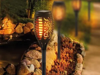 GIGAWATTS 12 LED Solar Lights Outdoor Waterproof Long Lasting Flame Fire Lantern Dawn to Dusk Decoration Lighting with Auto On/Off for Home Garden Balcony (Pack of 1)