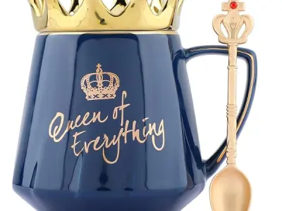 NYRWANA Coffee Mug, Birthday Presents for Woman, Mugs for Present, Birthday Gifts for Sister, Diwali Gift, Cute Coffee Mug, Queen of Everything Mug with Golden Crown & Spoon (350ml