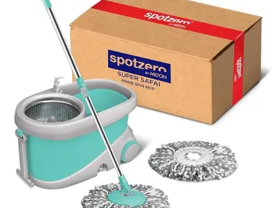 Spotzero by Milton Prime Stainless Steel Wringer Spin Mop with Big Wheel, Puller Handle, Bucket Floor Cleaning and Mopping System 360° Flexible,2 Microfiber Refills, Big Size, Aqua