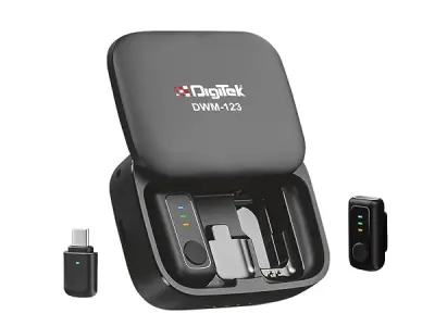 Digitek (DWM 123 2-in-1 Wireless Microphone System with Charging Case & Magnetic Collar Clip, Type-C Port for iOS, Smartphones, 60m Range, Build in Microphone, for Creators and Vlo